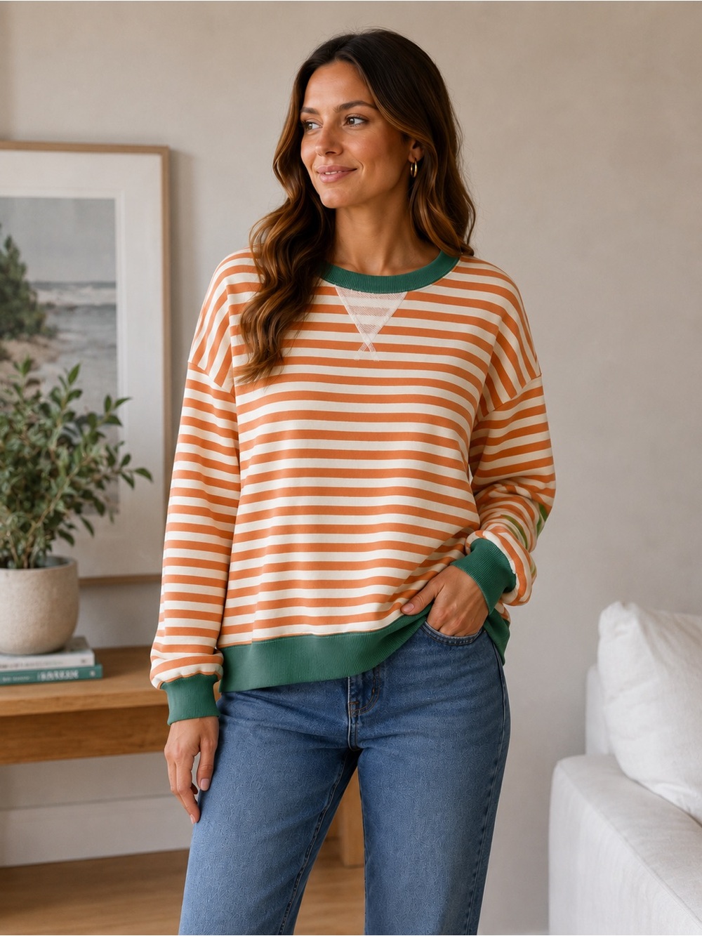 Peach Green Stripe French Terry Sweatshirt Oversized Drop Shoulder XL